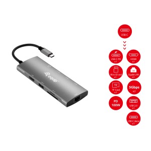 Equip Adaptador multifunción USB-C 9 en 1, HDMI 4K 60Hz, Gigabit LAN, USB 3.2 GEN1, SD TF, 100W USB PD