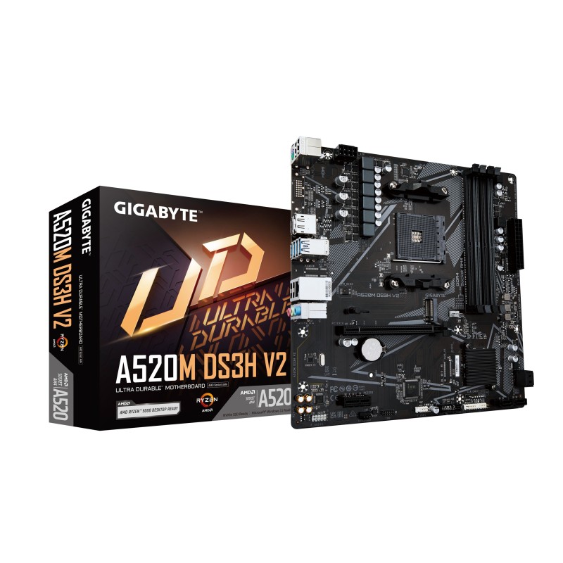 GIGABYTE Placa base A520M DS3H V2 - Soporta CPUs AMD Ryzen serie 5000 AM4, hasta 4733 MHz DDR4 (OC), PCIe 3.0 x16, LAN GbE, USB
