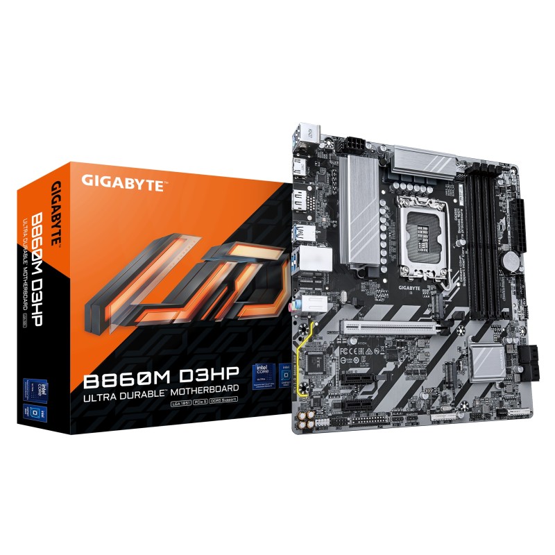 GIGABYTE B860M D3HP Placa base - CPUs Intel Core Ultra, VRM de 4+1+2+1 fases, hasta 9066MHz DDR5, 2xPCIe 4.0 M.2, LAN GbE, USB