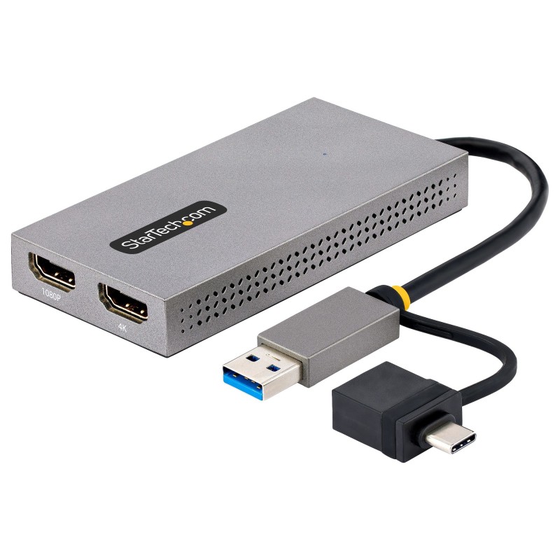 StarTech.com Adaptador de USB a HDMI Doble, USB A C a 2 Pantallas HDMI (1x 4K30Hz, 1x 1080p), Dongle Integrado USB-A a C, Cable