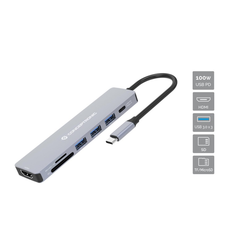 Conceptronic DONN19G base para portátil y replicador de puertos Alámbrico USB 3.2 Gen 1 (3.1 Gen 1) Type-C Gris