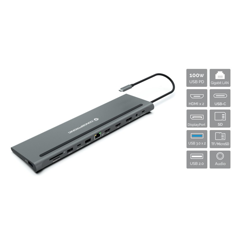 Conceptronic DONN17G base para portátil y replicador de puertos Alámbrico USB 3.2 Gen 1 (3.1 Gen 1) Type-C Gris