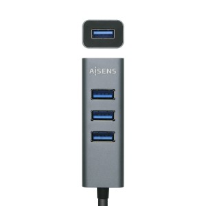 AISENS Hub USB3.0 Aluminio, Tipo A M - 4x Tipo A H, Negro, 10 cm