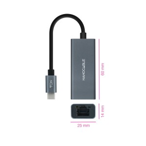 Nanocable Conversor USB-C a Ethernet Gigabit 10 100 1000 Mbps, Aluminio, Gris, 15 cm