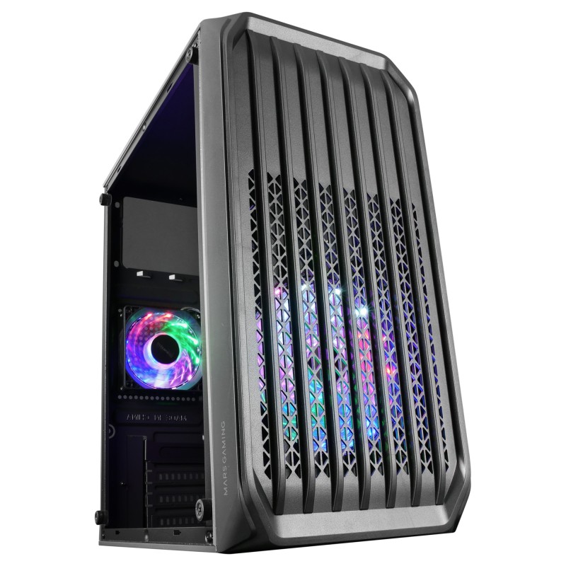 Mars Gaming MC-S2, Caja PC Compacta Gaming Micro-ATX, 2 Ventiladores FRGB Raibow con Rejilla Frontal, Ventana Lateral Completa,