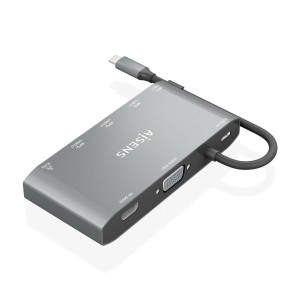 AISENS USB-C Dock 8 en 1, USB-C a 1xHDMI, 1xVGA, 1xRJ45, 2xUSB-A, 2xUSB-C 5G, 1xUSB-C PD, Gris, 20 cm