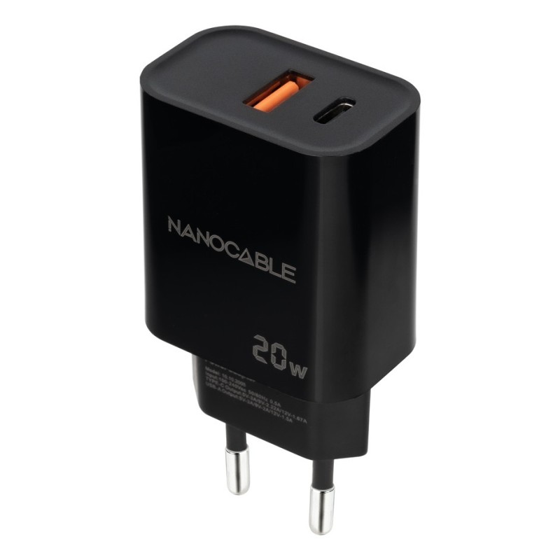 Nanocable Cargador USB-C PD + USB-A QC 20W, Negro