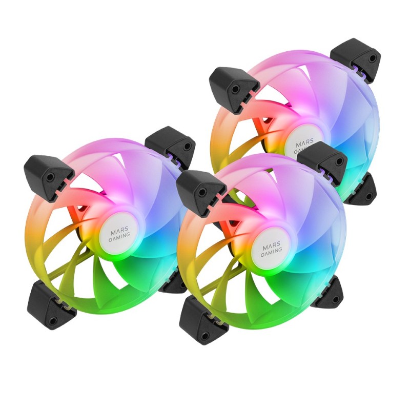 Mars Gaming MF-3AR, Kit 3x Ventiladores 120mm FDB, Aspas Invertidas, Iluminación ARGB 360° Sin Marco, Iluminación Anillo