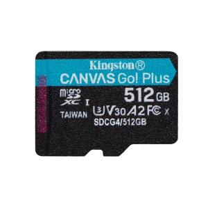 Kingston Technology Tarjeta microSDXC Canvas Go Plus Gen4 de 512 GB, 200 MB s, A2 U3 V30 y adaptador