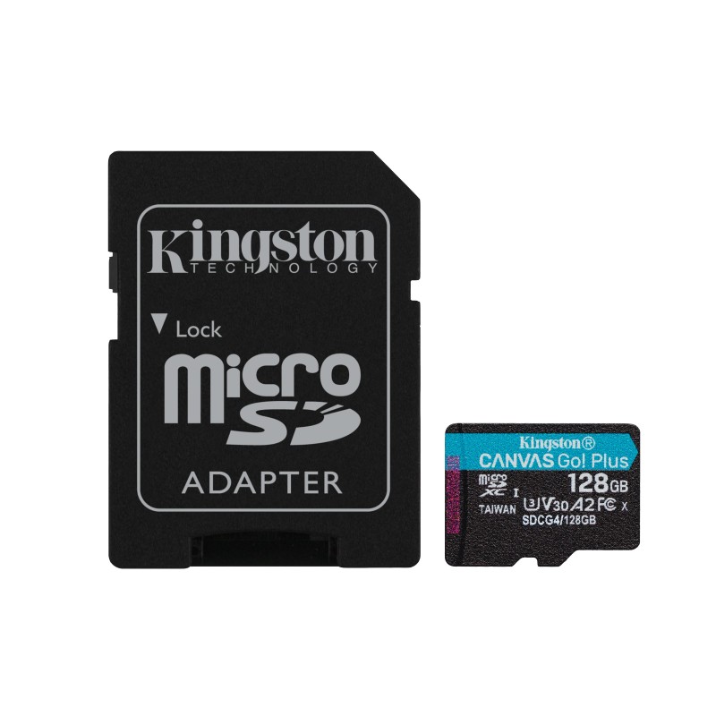 Kingston Technology Tarjeta microSDXC Canvas Go Plus Gen4 de 128 GB, 200 MB s, A2 U3 V30 y adaptador