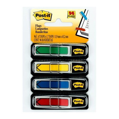 Arrow Flags, Primary Colors, 1/2 in Wide, 24/Dispenser, 4 Disp/Pack bandera adhesiva 24 hojas