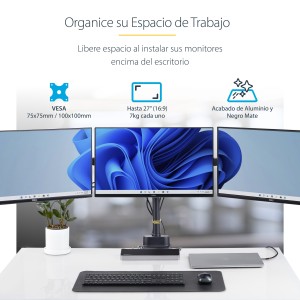 StarTech.com Soporte de Escritorio para 3 Monitores VESA 75x75 100x100 de 27 Pulgadas - Grommet o Abrazadera en C - Ajuste sin