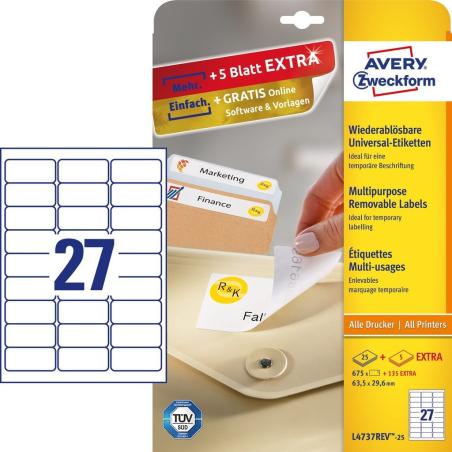 L4737REV-25 etiqueta autoadhesiva Rectángulo redondeado Desmontable Blanco 810 pieza(s)