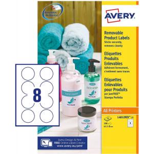 CAJA 250 ETIQUETAS BLANCAS RREMOVIBLES- MULTIUFUNCIÓN REDONDA 63,5MM - 8 ETIQUETAS POR HOJA AVERY L4852REV-25