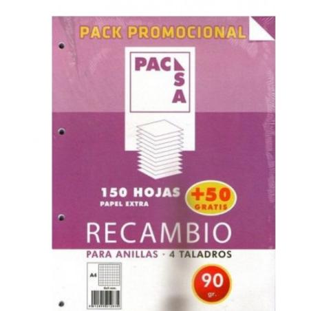 PACK RECAMBIO 90 GRS. 4 TALADROS . DIN A4 CUADRICULA 4X4 150 HOJAS + 50 GRATIS PACSA 21283