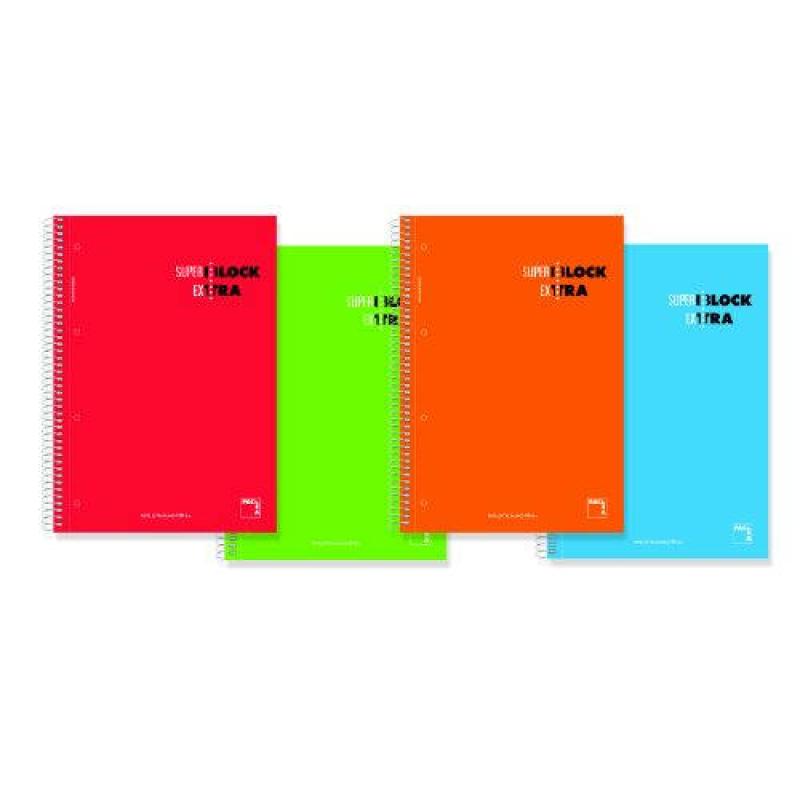 CUADERNO ESPIRAL SERIE SUPERBLOCK EXTRA TAPA DURA 90 GRS. A-4 (210X297MM.) MICROPERFORADO 120 HOJAS CUADRÍCULA 5X5 + GRECA SURTI