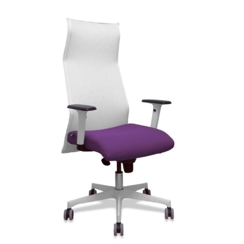 Sillón Sahuco blanco bali morado brazos blancos base blanca ruedas parqué 65mm