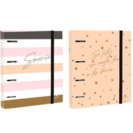 MARIOLA CARPEBLOCK 4 ANILLAS MIXTAS 40 MM CARTÓN FORRADO PAPEL PLASTIFICADO MATE C/GOMA C/FRASES 6 DISEÑOS SURTIDOS 2394FU PACK 