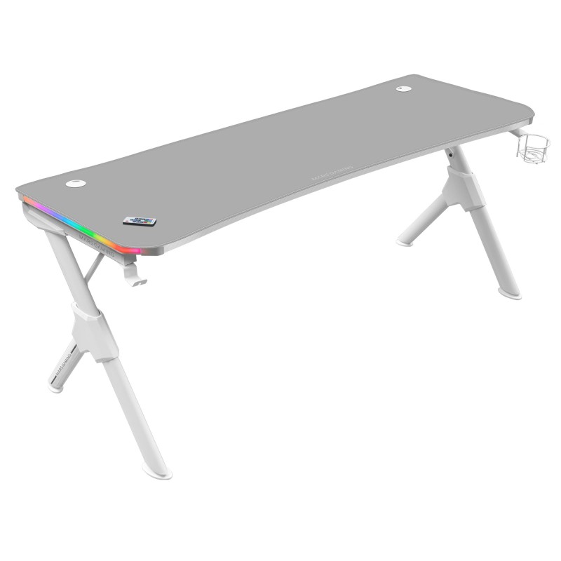 Mars Gaming MGDXLRGB, Mesa Gaming Ergonómica RGB, Soporte Auriculares y Bebida, Escritorio PC, 160x60cm, Blanco
