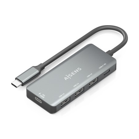 AISENS Hub USB 3.1 USB-C, USB-C M-1xUSB-C PD 100W+1xUSB-C USB3.0 H+3xUSB-A USB2.0 H, Gris, 15cm