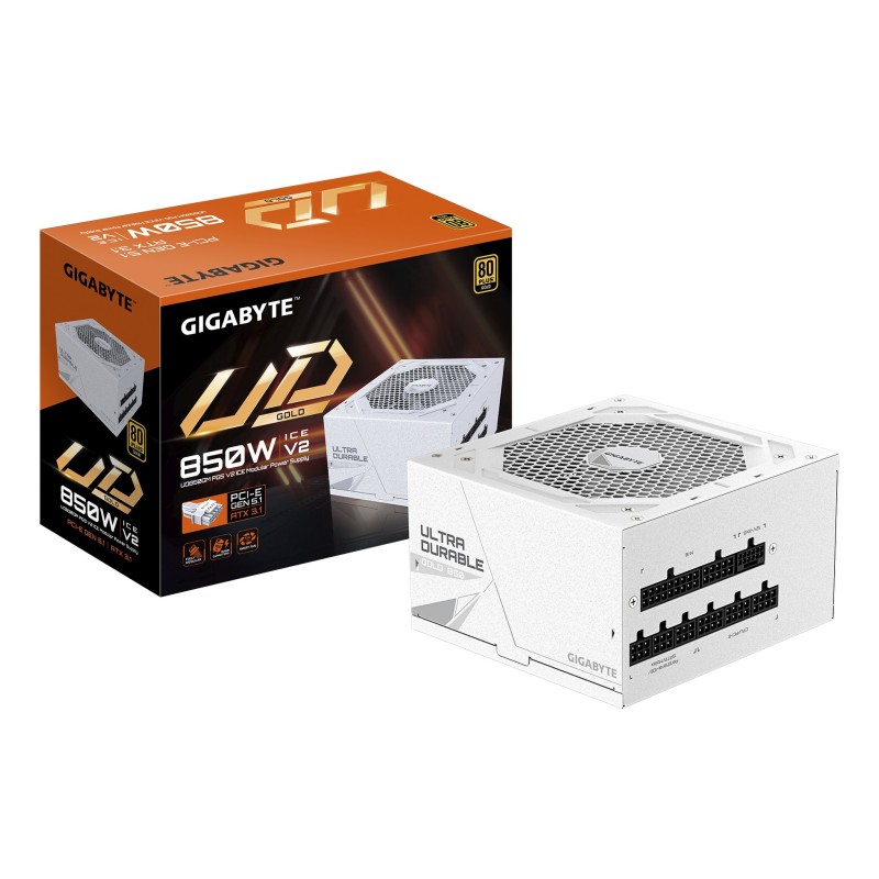 GIGABYTE UD850GM PG5 V2 ICE Fuente de Alimentación – PCIe Gen 5.1, 80 PLUS Gold, Diseño completamente modular, Ventilador de
