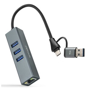 Nanocable Conversor USB-C+USB-A M 3.0 a Ethernet + 3xUSB-A 3.0, Aluminio, Gris, 15 cm
