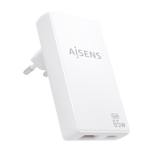 AISENS Cargador De Pared GaN Ultra Delgado 65W, 1xUSB-C PD3.0 QC4.0, 1xUSB-A QC3.0, Blanco