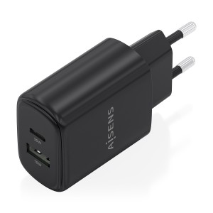 AISENS Cargador GaN 30W, 1xUSB-C PD3.0 QC4.0, 1xUSB-A QC3.0, Negro