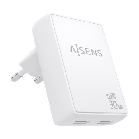 AISENS Cargador De Pared GaN Ultra Delgado 30W, 2xUSB-C PD3.0 QC4.0, Blanco