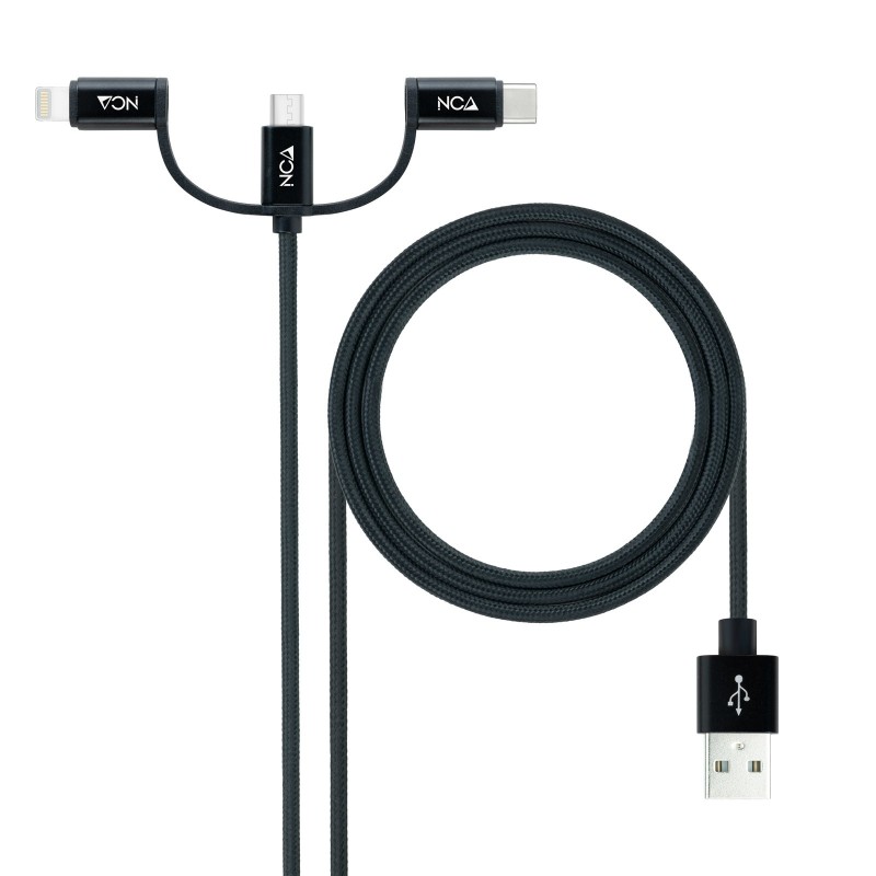 Nanocable Cable USB 3 en 1 Carga Datos USB-A a USB-C Micro USB Lightning 1 m, Negro
