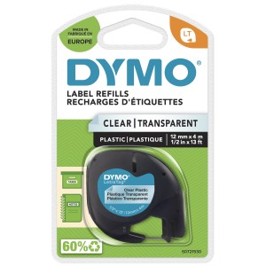 DYMO LT plástico etiquetas auténticas | Negro sobre transparente | 12 mm x 4m | para las etiquetadoras LetraTag | autoadhesivo