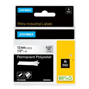 DYMO Rhino Etiquetas industriales permanentes de poliéster | 12 mm x 5,5 m | Impresión en negro sobre transparente |
