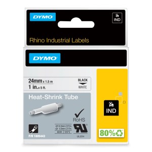 DYMO Rhino Tubos industriales termorretráctiles para etiquetas de cable | 24 mm x 1,5 m | Impresión en negro sobre blanco |