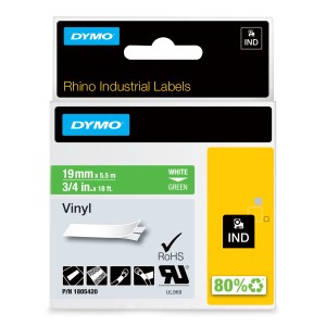 DYMO Rhino Etiquetas industriales de vinilo | 19 mm x 5,5 m | Impresión blanca sobre verde | Autoadhesivas | Para etiquetadoras