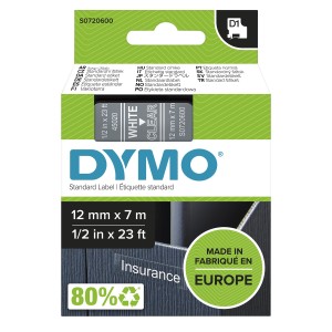 DYMO D1 etiquetas auténticas | impresión blanca sobre fondo transparente | 12 mm × 7 m | etiquetas autoadhesivas para