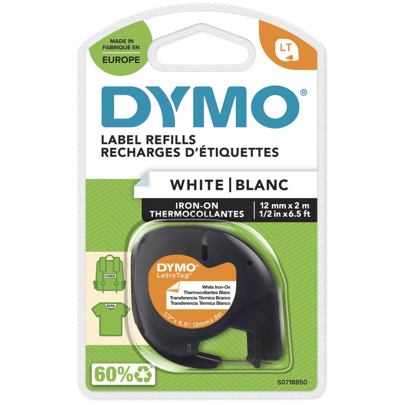 DYMO LT etiquetas auténticas para ropa | Negro sobre blanco | 12 mm x 2m | Hierro en las etiquetas de tela para las