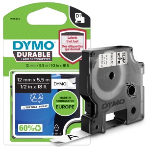 DYMO Authentic D1 Etiquetas duraderas | Impresión en negro sobre cinta blanca | 12 mm x 5,5 m | Cinta de etiquetas de alto