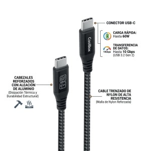 CoolBox CABLE TRENZADO USB-C USB-C 3.2 GEN2 DATOS 10GBPS + CARGA RAPIDA 60W ALUMINIO