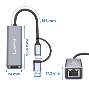 Ewent EW9819 hub de interfaz USB 3.2 Gen 1 (3.1 Gen 1) Type-A + Type-C 1000 Mbit s Gris