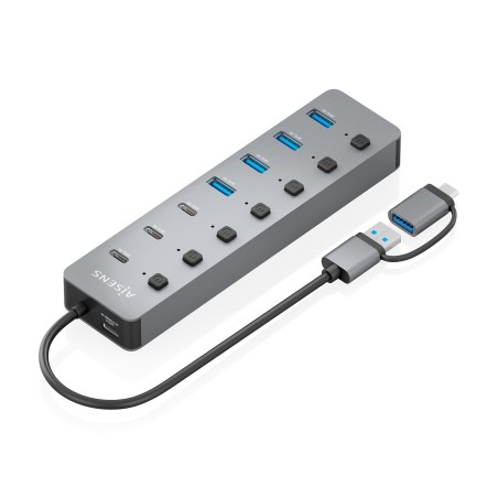 AISENS Hub USB3.1 Gen1 USB-C USB-A, USB-C M+USB-A M-4xUSB-A H+3xUSB-C H+1xUSB-C H ALIM., Gris, 30cm