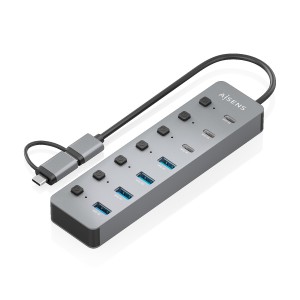AISENS Hub USB3.1 Gen1 USB-C USB-A, USB-C M+USB-A M-4xUSB-A H+3xUSB-C H+1xUSB-C H ALIM., Gris, 30cm