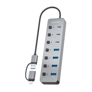 AISENS Hub USB3.1 Gen1 USB-C USB-A, USB-C M+USB-A M-4xUSB-A H+3xUSB-C H+1xUSB-C H ALIM., Gris, 30cm