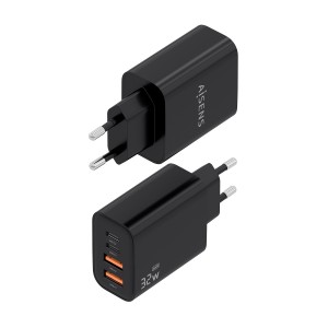 AISENS Cargador GaN 32W, 2xUSB-C PD3.0, 2xUSB-A, Negro