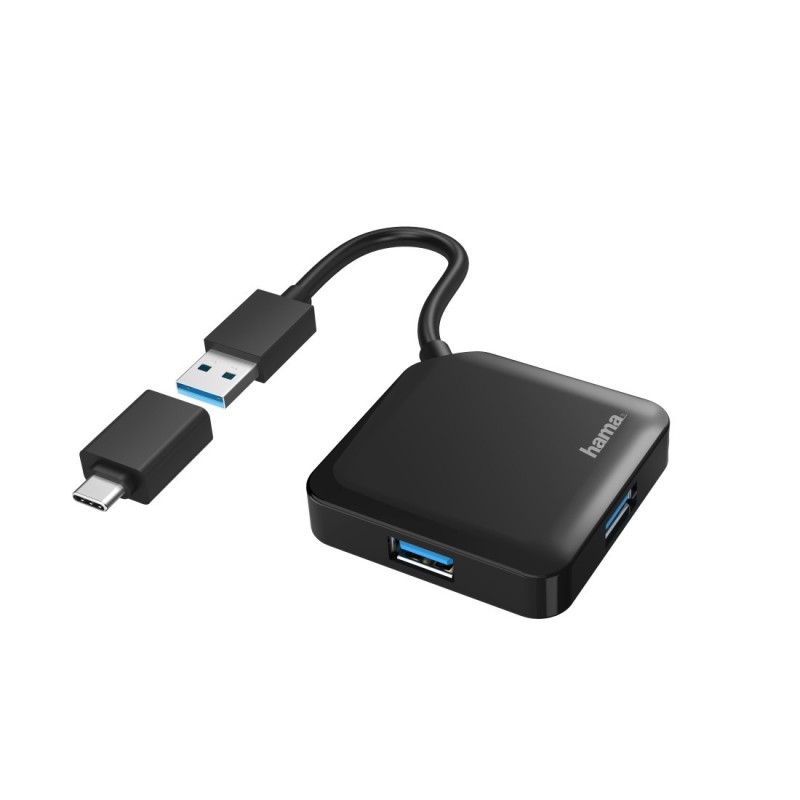 Hama | HUB USB con 4 Puertos y Adaptador USB-C (Conexión de Múltiples Dispositivos, Transformador Universal USB a USB-C, USB
