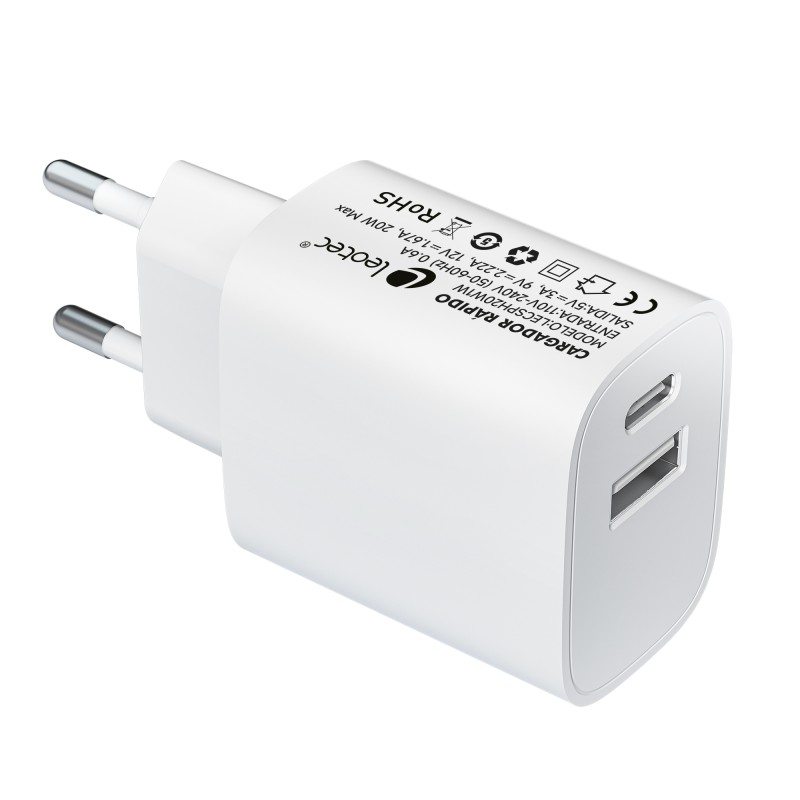 Cargador 20W 1xUSB-C PD + 1x USB-A Blanco