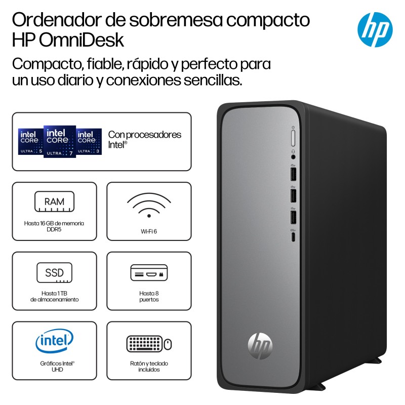 HP OmniDesk Slim Desktop S03-0031ns PC Intel® Core™ i3 i3-14100 8 GB DDR5-SDRAM 512 GB SSD Windows 11 Home Torre Plata