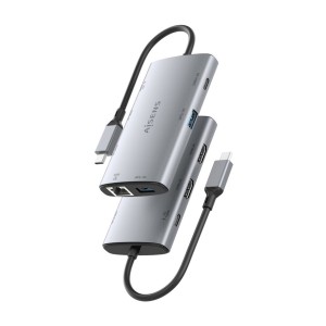 AISENS USB-C Dock 7 en 1, USB-C a 2xHDMI 4K, 1xRJ45, 2xUSB-A USB3.0, 1xUSB-C, 1xUSB-C PD100W, Gris, 20cm