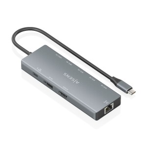 AISENS USB-C Dock 9 en 1, USB-C A 1xHDMI, 1xDisplayPort, 1xRJ45, 4xUSB-A 5G, 1xUSB-C 5G, 1xUSB-C PD100W, Gris, 20cm