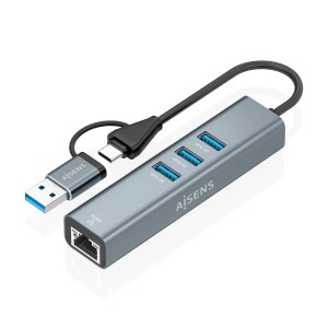 AISENS Conversor USB3.2 Gen1 USB-A+USB-C A Ethernet Gigabit 10 100 1000 Mbps + Hub 3xUSB3.0, Gris, 15cm