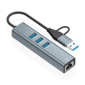 AISENS Conversor USB3.2 Gen1 USB-A+USB-C A Ethernet Gigabit 10 100 1000 Mbps + Hub 3xUSB3.0, Gris, 15cm